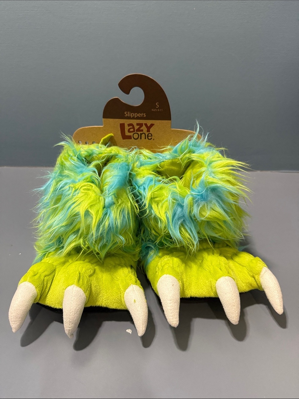 Lazy One Kids Monster Claw Slippers in Lime Green & Aqua Fur